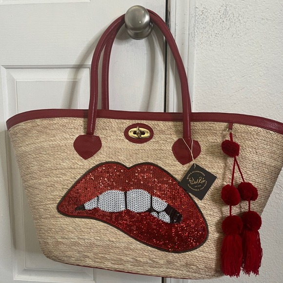 By Del Rio Handbags - $208 By Del Rio Straw Tote Bag Women Red NEW Sequined Lips Tassel Pom Pom Large